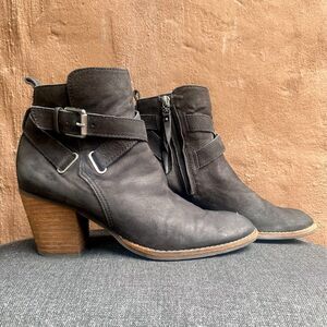 Sam Edelman Morris Black Leather Moto Heeled Ankle Boots w/ Buckles